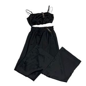 NWOT Paper Moon NWT Black Satin Two Piece Crop Top Set Womens Size Small